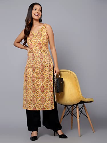 Image of Bani Women Straight Sleeveless Cotton Kurta for Women, Stylish V Neck Floral Printed Long Kurti, Regular Casual Wear for Womens | Cotton Kurti for Women /Party /College