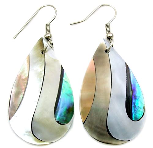 Swimmi Iridescent Paua Abalone Earrings, Natural 2 Tone Mother of Pearl Dangle Drop Seashell Earrings for Women FA267