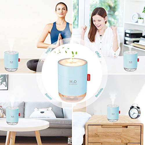 Portable Mini Humidifier, 500ml Small Cool Mist Humidifier, USB Personal Desktop Humidifier for Baby Bedroom Travel Office Home, Auto Shut-Off, 2 Mist Modes, Super Quiet, Blue