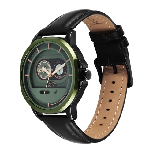 Image of Fastrack Street Opulence Sun Moon Multifunction Quartz Analog with Green Dial Black Genuine Leather Strap Watch for Men - 3303KL01