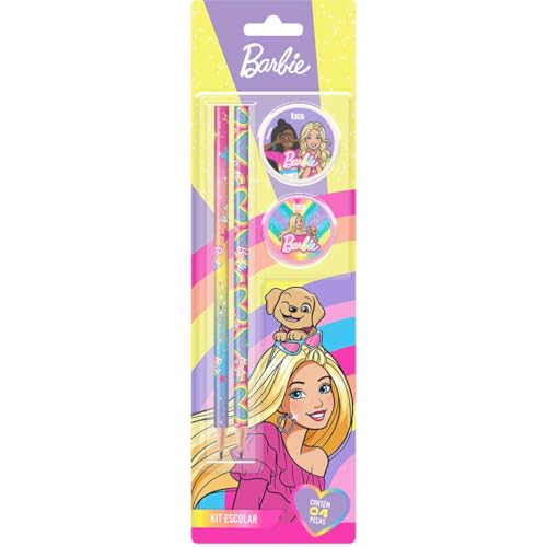 Kit Escolar, Barbie, com 2 Lápis, 1 Apontador e 1 Borracha, Summit