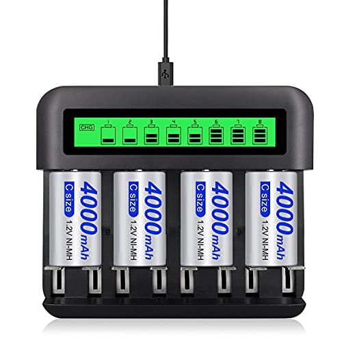Tenberly AA AAA C D Universal Battery Charger with 4 Pack C Size 4000mAh Rechargeable Batteries