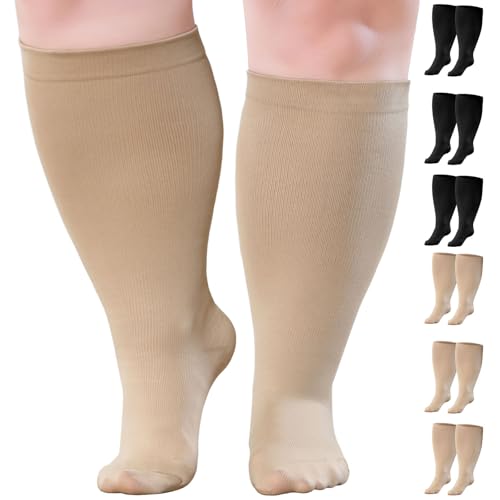 AMITOFO 6 Pairs Wide Calf Compression Socks 20-30mmHg for Men & Women, Plus Size Extra Support for Circulation, Swelling, Travel, Nurses, All Day Wear