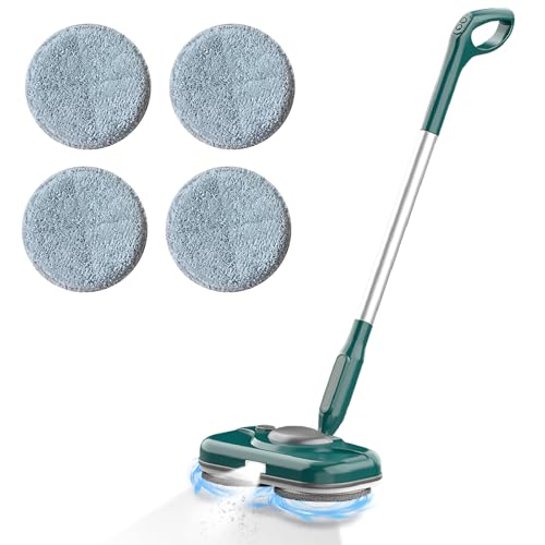 Mopa eléctrica inalámbrica, recargable Dual Spin con luz LED y depósito de agua de 750 ml y aspersor, 4 almohadillas intercambiables, fregona para suelos de mármol de madera dura