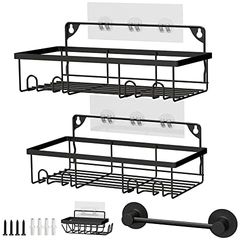 Kalawen 4 Pack (Black)Shower Caddy Shelf with Hooks Storage Rack Organiser Adhesive Metal Shower Rack without Drilling Wall Mounted for Bathroom, Lavatory, Washroom, Restroom, Shower, Kitchen Cover