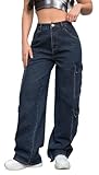 CaniBtr Wide Leg Jeans Woman High Waisted Stretchy Multi Pockets Baggy Denim Cargo Pants DarkBlue L