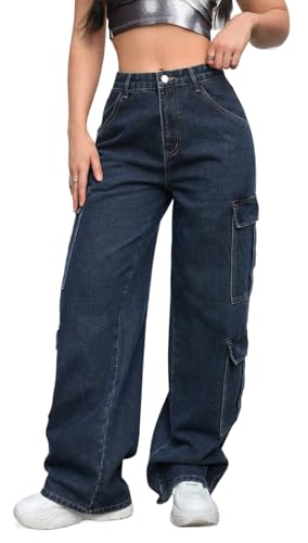 CaniBtr Wide Leg Jeans Woman High Waisted Stretchy Multi Pockets Baggy Denim Cargo Pants DarkBlue L