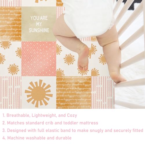 Image of Colorful Boho Sun Baby Crib Sheet 52''x28'' Cute Sunshine Stripes Stretchy Fitted Mattress Sheets for Boy Girl Letters Quote Nursery Toddler Bed Sheets for Standard and Toddler Mattress