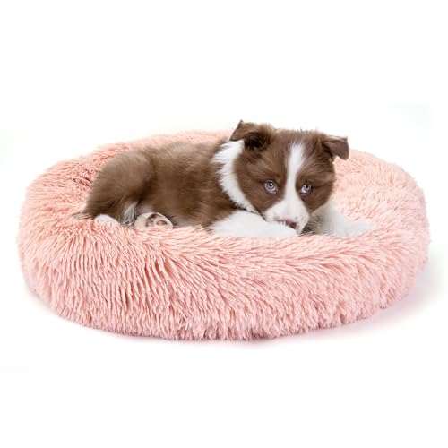 Calming Donut Cat and Dog Bed, Anti-Anxiety Round Plush Pet Bed With Anti-Slip Bottom, Washable for Small Medium Large Pets (S, Pink)