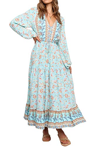 R.Vivimos Women's Long Sleeve Cotton V-Neck Button Up Floral Print Boho Flowy Midi Dresses (X-Large, Blue)