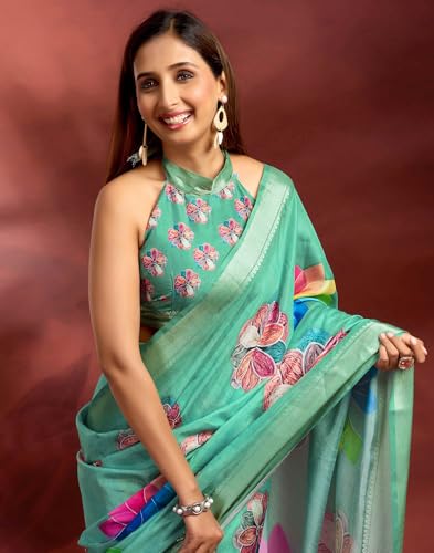 Image of SIRIL Women's Dola Silk Printed Jacquard Border Ready To Wear Saree with Unstitched Blouse Piece