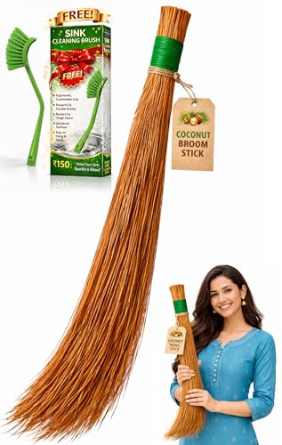 Image of 1 pic Heavy Duty Coconut Broom Coconut Fiber Jhadu for Floor Cleaning Strong Durable 95 cm Long Natural Bamboo Handle Eco Friendly 400 Gram Cleaning Jhadu for Wet Floor Outdoor Garden Home Use
