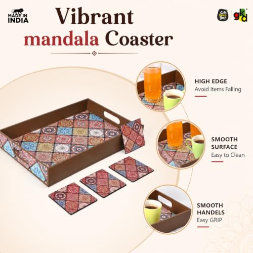 Image of GKD Wooden Serving Tray with Free 4 Coasters - 11x15 Inch Large Tea & Coffee Tray, Snack Tray Decorative MDF Trays for Home & Kitchen - Food Trays with Handles for Dining & Bar (Vibrant Mandala)