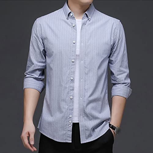 Maiyifu-Gj Men's Casual Striped Dress Shirt Turn-Down Collar Button Down Business Shirts Solid Slim Fit Long Sleeve Shirts (Grey,175) #TOP2