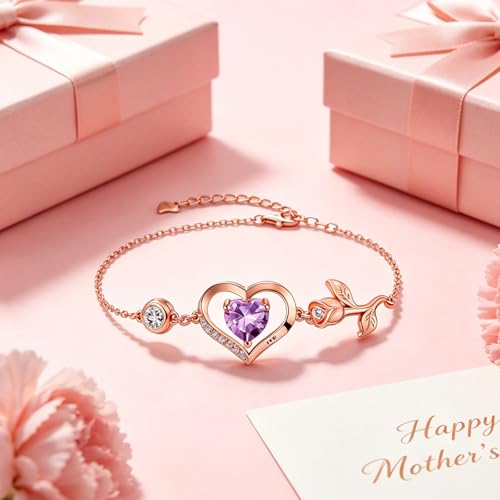 Image of 1CT Rose Heart Bracelet Moissanite Lab-Grown Sapphire Ruby Emerald&More 18K White Rose Gold Plated Anniversary Birthday Gift for Wife Girlfriend Mom Daughter Mothers Day Gift for Mom