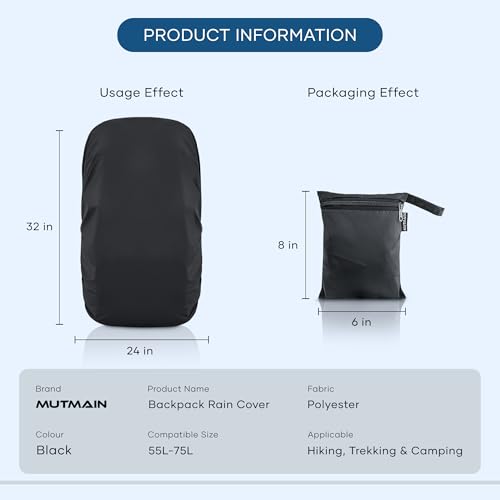 Waterproof 55L to 75L Rain Cover for Rucksack Backpack Bags, Rainproof Dustproof Protector Rain Cover Elastic Adjustable Specially for Trekking Black (BP-55TO75L) (Black) 5 41sWRK7+LwL