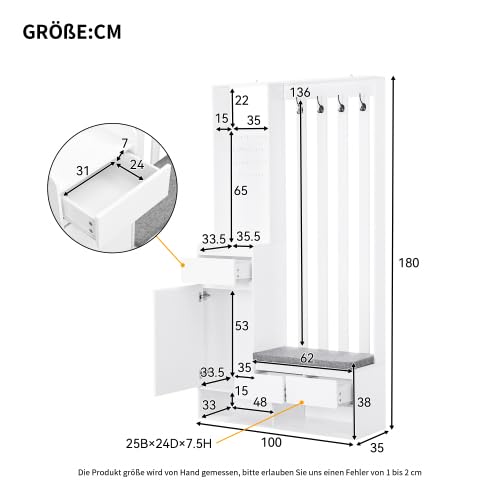 Flurgarderobe Garderobenset Garderobe Stecktafel mit Sitzbank & Stecktafel - Weiß, Schuhschrank Multifunktional mit 4 Haken & gepolsterter Bank, schmale 100 cm Breite für Eingangsbereich & Waschküche