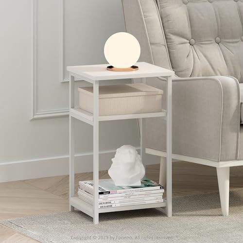 Image of Furinno JUST 3-Tier Telephone Table Set of 2, Metal Frame Modern Side Table with Open Shelf, Night Stand, Bedside Table, Easy Assembly, for Living Room, Bedroom, White