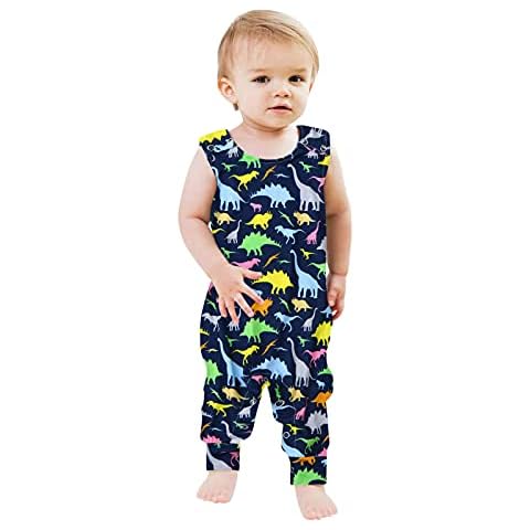 Boys Clothes, SHOBDW Newborn Infant Baby Boys Girls Jumpsuit Cartoon Dinosaur Romper Summer Outfits Button Sleeveless Romper Playsuit 6M-3T(Navy,12-18 Months) Cover