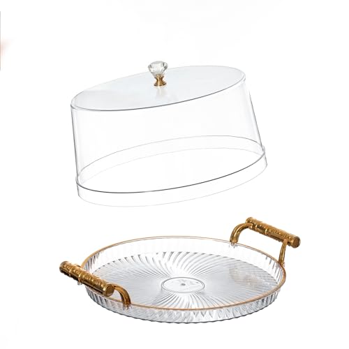 Basicwise 12-Inch Round Plastic Cake Stand with Clear Flat-Top Cover and Gold Handles Ribbed Serving Tray for Cupcakes Fruits Salads and Desserts Transparent Table Display for Parties and Events