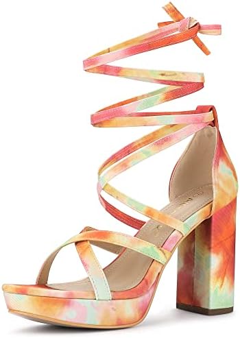 Allegra K Women's Tie Dye Platform Chunky Heel Lace Up Orange Sandals 9 M US
