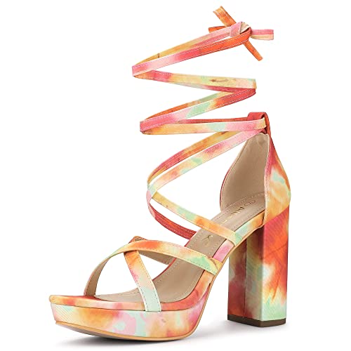 Allegra K Women's Tie Dye Platform Chunky Heel Lace Up