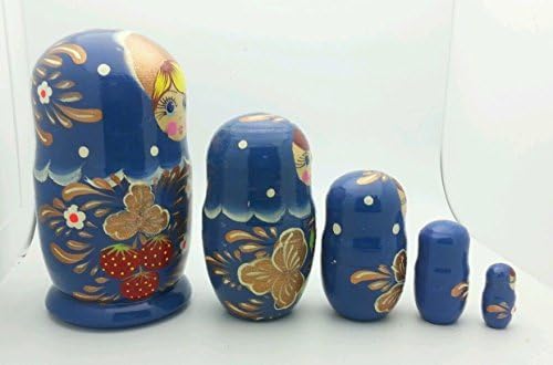 Russian Traditional Blue Matryoshka Hand Painted Nesting Set of 5 Dolls / 5" Tall