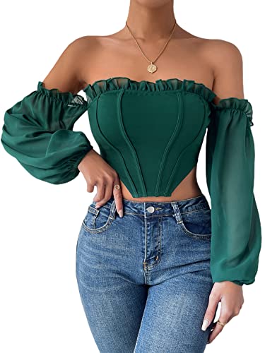 Floerns Women's Off Shoulder Frill Trim Long Sleeve Asymmetrical Hem Corset Crop Top Blouse Green M #TOP3