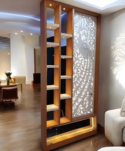 Image of Carved Room Divider Screen, Room Separator Partition Panel for Between Room and Kitchen, Brown with Mirror
