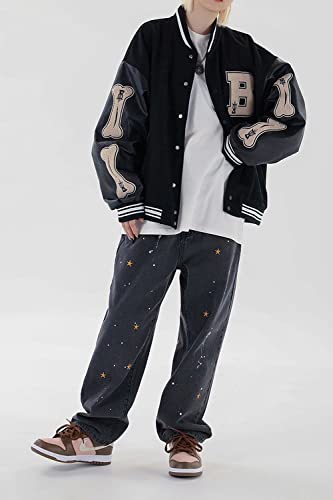 Babyhealthy FBAZW-FQ21161-BLACK-M Men'S Varsity Baseball Jacket Stitched Leather Unisex Streetwear Vintage Letter Print Coats Black thumb #2