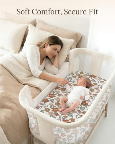 Image of Bedside Bassinet Sheets 2 Pack, 33 x 20 Fitted Bedside Sleeper Sheets, Ultra Soft Breathable Polyester, Ideal for Baby Girl or Boy and Newborns (Rusty Garden, Bedside Sleeper Sheet)