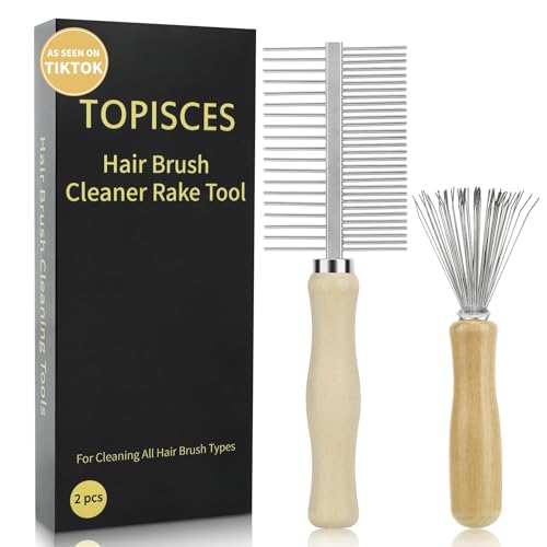 TOPISCES 2-Pack Dual-Sided Hair Brush Cleaning Tool - Mini Cleaner Comb with Wooden Handle for Removes Hair & Buildup from Boar Bristle, Paddle, Detangling & Styling Brushes