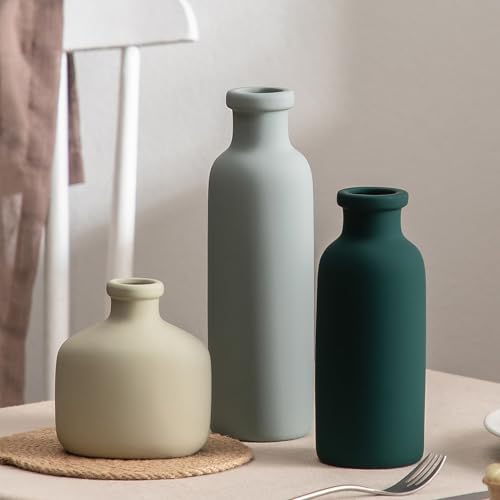 Ceramic Vase Set of 3 - Rustic Vases Set for Flower Centerpieces Pampas Grass - 3 Bud Vases for Home Decor - Modern Terracotta Vases for Home Farmhouse Table Office, Mini Pottery Vase by Lyeec