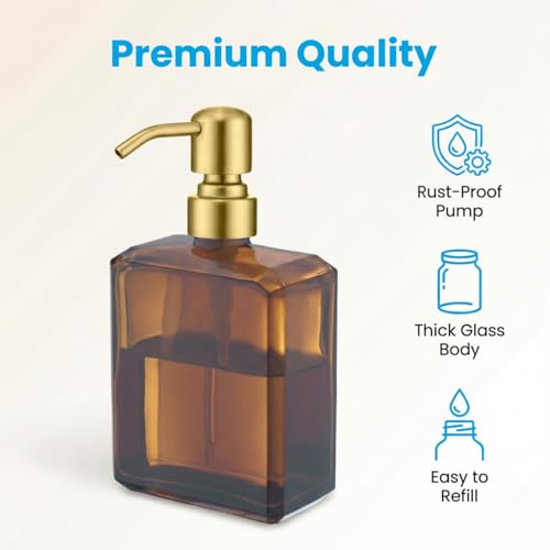 Image of KEMINO Amber Soap Dispenser Square Bottle and Gold Pump, Glass Dish Soap Dispense, Refillable Hand Soap Dispenser with Stainless Steel Pump, 13.5 oz Lotion Dispenser for Bathroom, Kitchen Countertop