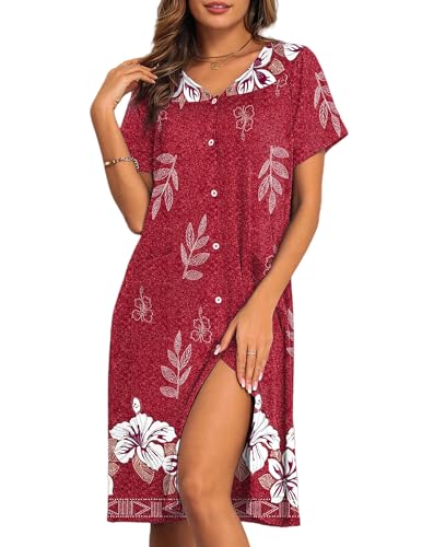 Image of Ekouaer House Dresses for Women with Pockets Button Down Nightgowns Plus Size Moo Moos Mumu Dresses Floral Print S-3XL