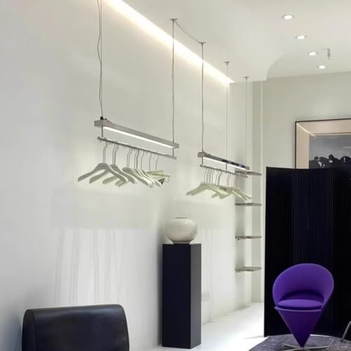 Sxlawesom LED Ceiling Clothing Display Rack for Retail Stores, Stainless Steel Hanger Rod with Light, Adjustable Height(150cm)