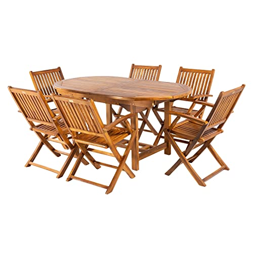 Conjunto para jardín de madera teca, Mesa ovalada extensible 160 a 210 cm y 6 sillones plegables, Madera teca grado A, Tratamiento al agua aplicado, Juego de comedor de teka, Set sillas y mesa de teka