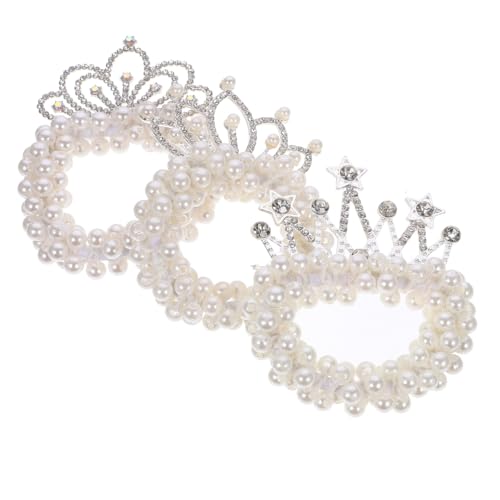 POPETPOP 3piezas Coleteros Corona De Perlas Para Niñas Coleteros Elásticos Cuentas De Perlas Pelo De Fiestas y Cumpleaños