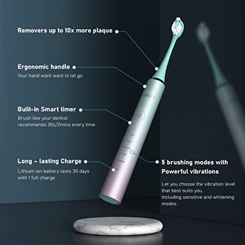 Yunchi Electric Toothbrush For Adults & Kids, Y7 Rechargeable Sonic Electric Toothbrushes, 10 Dupont Brush Heads, 5 Modes Fast Charge For 30 Days, 40,000 Vpm Motor & 2 Mins Timer Tooth Brush, Green #TOP6