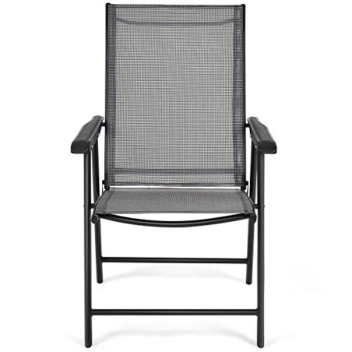 Image of Giantex Set of 2 Patio Folding Chairs, Outdoor Chairs with Armrest, Portable Dining Chairs for Porch Camping Pool Beach Deck Lawn Garden, 2-Pack Patio Sling Chairs, Metal Frame, Grey
