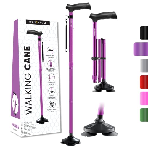 HONEYBULL Walking Cane for Women & Men Foldable, Adjustable, Heavy Duty, Free Standing, All Terrain, Collapsible Walking Sticks for Seniors & Adults (Purple)