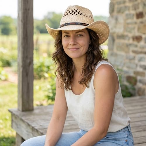 Image of Straw Cowboy Hats Cowgirl Hat Western Cowboy Hat Rancher Hat for Men Women, Exquisite Decoration Band