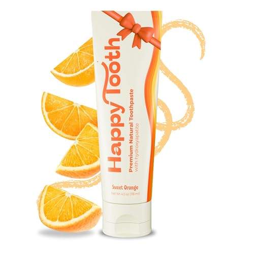 Happy Tooth Hydroxyapatite Toothpaste, Fluoride Free, Natural Whitening for Kids, Toddlers and Adults, SLS Free, Enamel Safe, Dentist Formulated with Clean Ingredients, Sweet Orange Flavor, 4oz