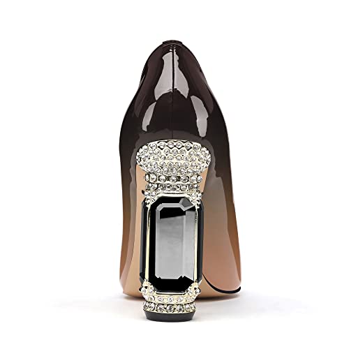 Image of JANSEVEN Women Chunky Heels Pumps Crystal Block Heels with Rhinestones Pointed Toe Sexy Gradient Patent Leather Slip on Bridal Party Wedding Dress Shoes 5-13 M US