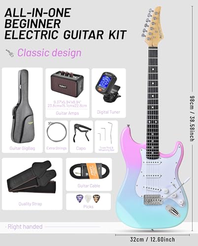 Leo Jaymz Beginner Electric Guitar Complete Kit with Portable Amp, Padded Gig Bag & Full Accessories, Maple Neck SSS Pickups (Pink-Cyan Fade)
