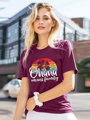 Image of Ohana Means Family Tshirt Women: Hawaii Tropical Graphic T-Shirt Summer Vacation Short Sleeve Tee Top