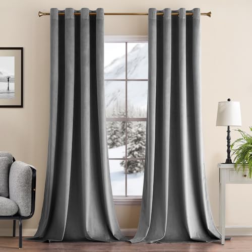 MIULEE Grey Velvet Curtains for Bedroom 2 Panel Set 102 Inch Drop Curtains