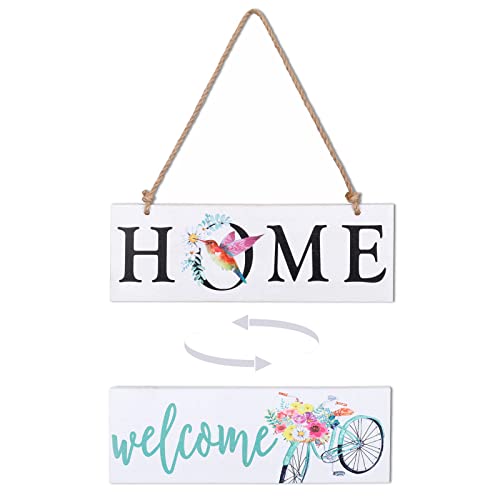 Welcome Sign For Front Door, Wall Art Wooden Porch Signs For Front Door Shop Home Wood Hanging Sign Farmhouse Wall Decor (White & Bike)… #TOP17