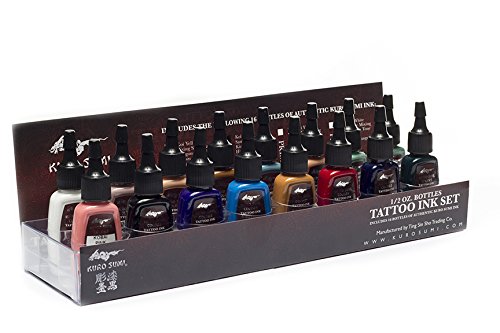 Authentic Kuro Sumi 1/2oz Primary 16 Color Ink Set #2 Blue Red Green Purple Yellow Orange Black White and More Tattoo Inks Kurosumi