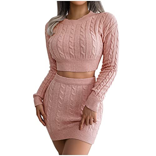 Women Sexy Bodycon Sweater, Mini Skirt Set 2 Piece Cable Knit Pullover Cropped Sweaters Tops Outfit Long Sleeve Jumper